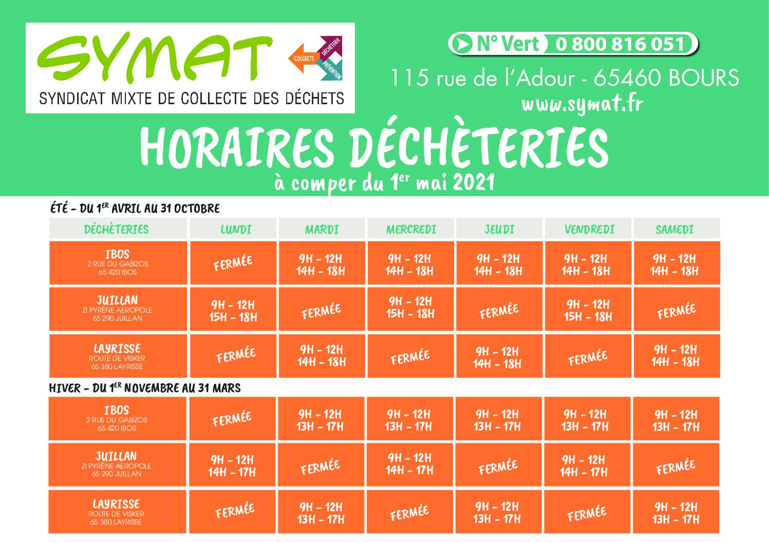 HORAIRES DECHETERIES CENTRE 2021