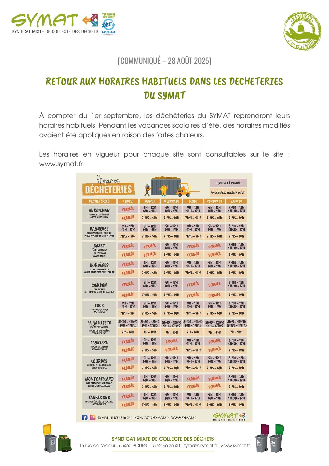 SYMAT – Retour aux horaires habituels