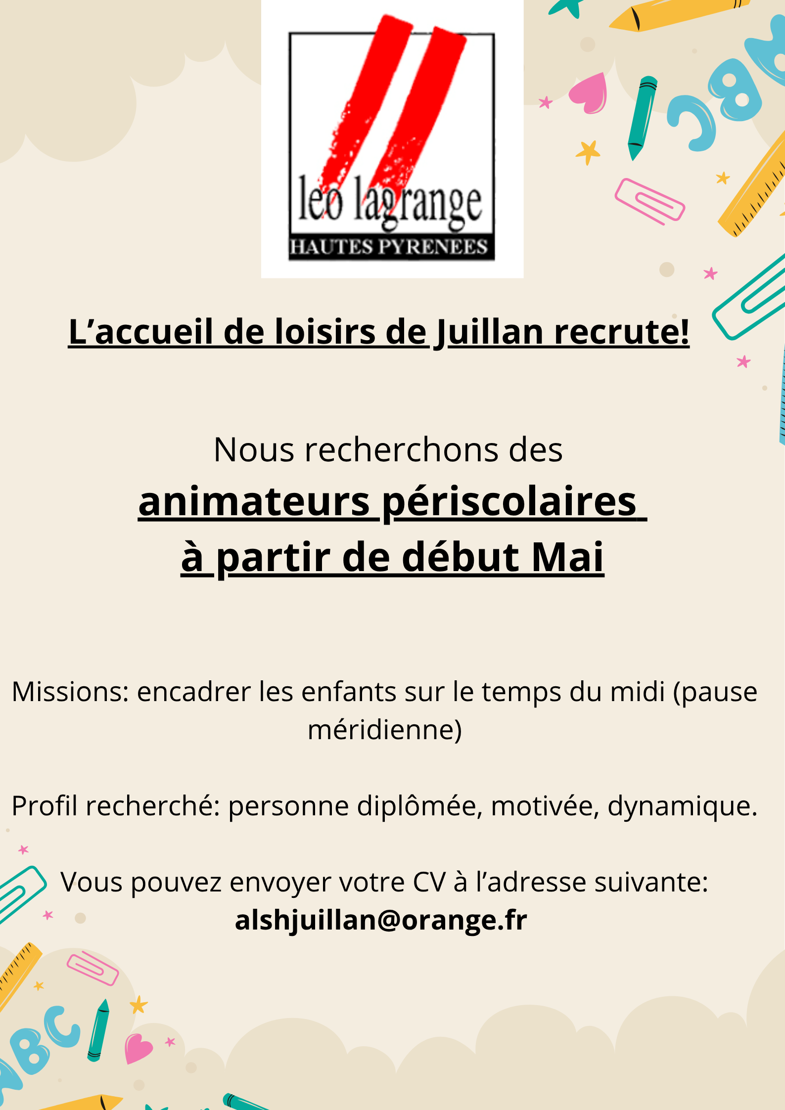 Juillan - Ville des Hautes-Pyrénées - l&rsquo;accueil de loisirs de Juillan recrute