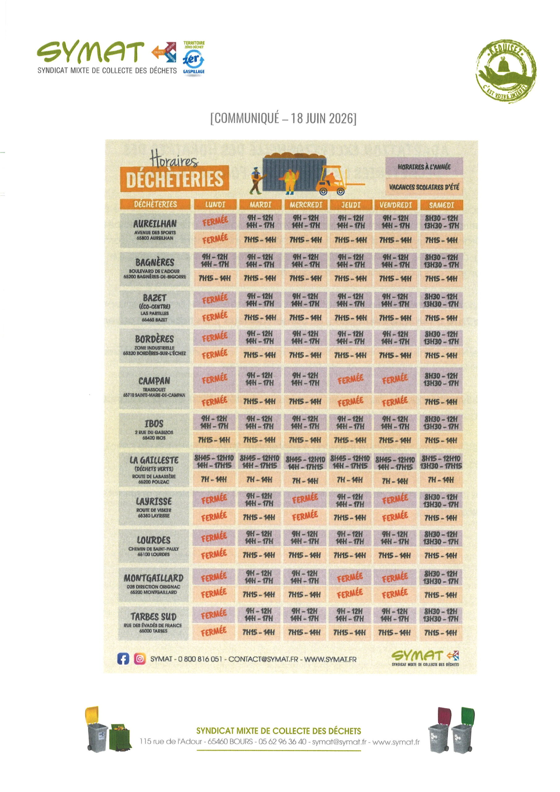 Juillan - Ville des Hautes-Pyrénées - Horaires déchêteries