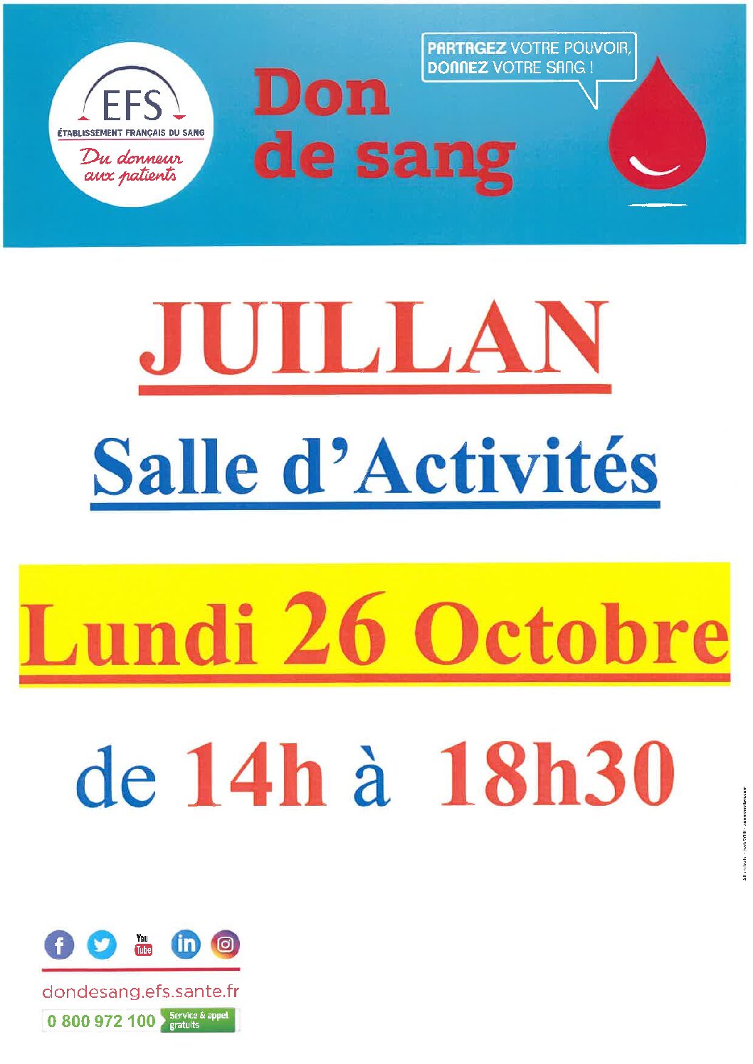 Juillan - Ville des Hautes-Pyrénées - Don de Sang – Lundi 26 octobre